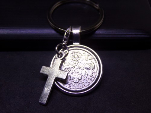 Lucky sixpence keyring cross - keyring,
